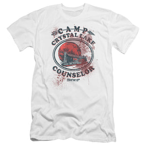 AN OFFCIALLY LICENSED FRIDAY THE 13TH CAMP COUNSELOR VICTIM MEN'S PREMIUM SLIM FIT T-SHIRT WHITE