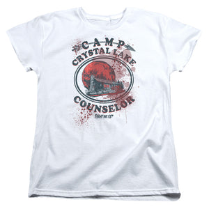 AN OFFCIALLY LICENSED FRIDAY THE 13TH CAMP COUNSELOR VICTIM WOMEN'S REGULAR FIT T-SHIRT WHITE