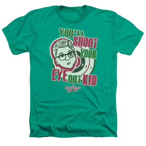 AN OFFCIALLY LICENSED A CHRISTMAS STORY YOULL SHOOT YOUR EYE OUT MEN'S HEATHER T-SHIRT KELLY GREEN