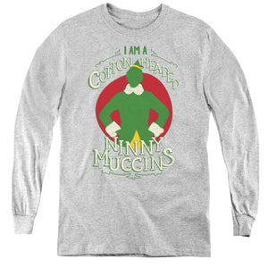 AN OFFCIALLY LICENSED ELF COTTON HEADED YOUTH LONG SLEEVE T-SHIRT ATHLETIC HEATHER