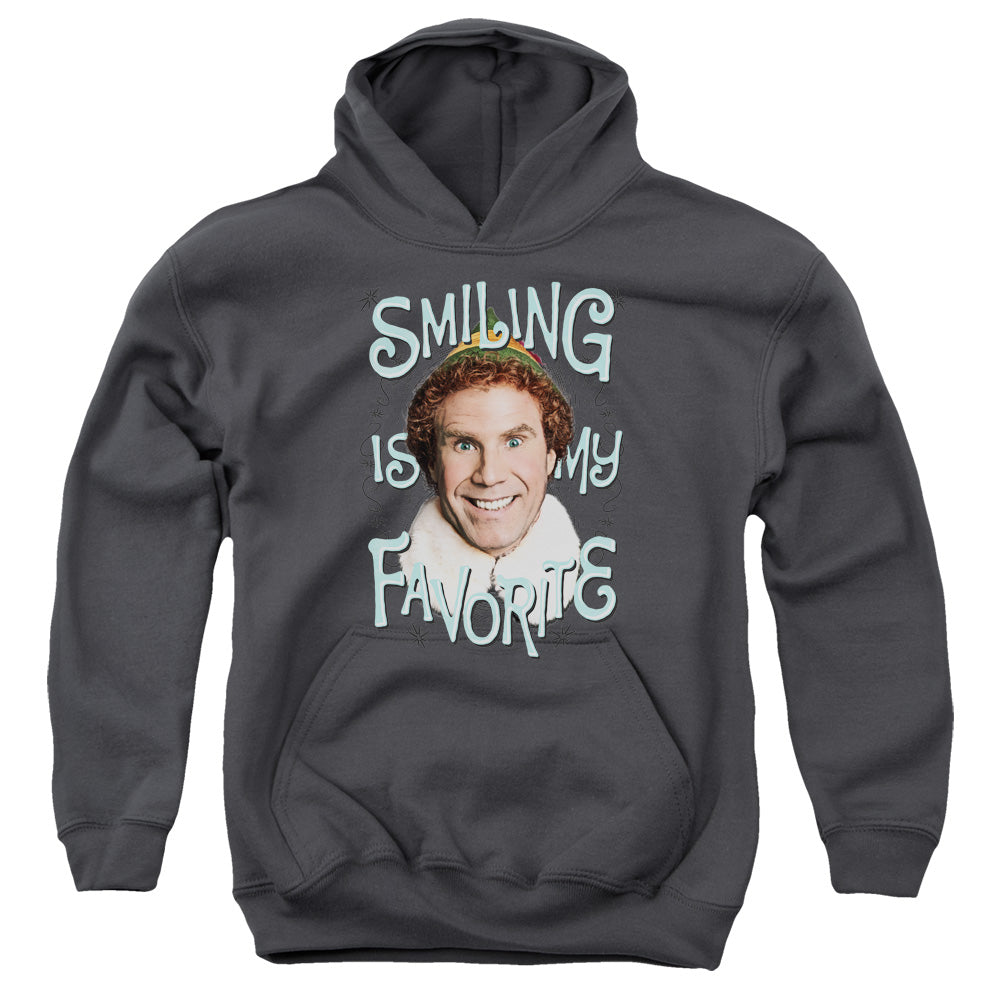 AN OFFCIALLY LICENSED ELF SMILING YOUTH HOODIE CHARCOAL