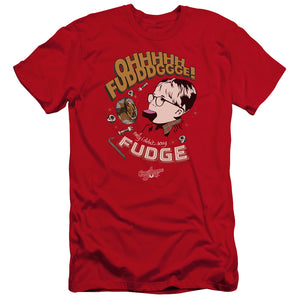 AN OFFCIALLY LICENSED A CHRISTMAS STORY FUDGE MEN'S PREMIUM SLIM FIT T-SHIRT RED