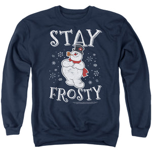 AN OFFCIALLY LICENSED FROSTY THE SNOWMAN CHRISTMAS STAY FROSTY ADULT UNISEX CREWNECK SWEATSHIRT NAVY
