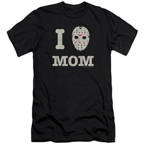AN OFFCIALLY LICENSED FRIDAY THE 13TH MOMMAS BOY MEN'S PREMIUM SLIM FIT T-SHIRT BLACK