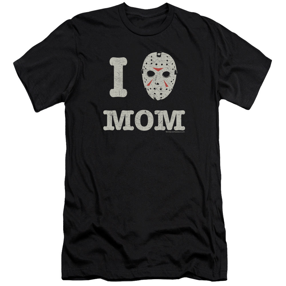 AN OFFCIALLY LICENSED FRIDAY THE 13TH MOMMAS BOY MEN'S PREMIUM SLIM FIT T-SHIRT BLACK