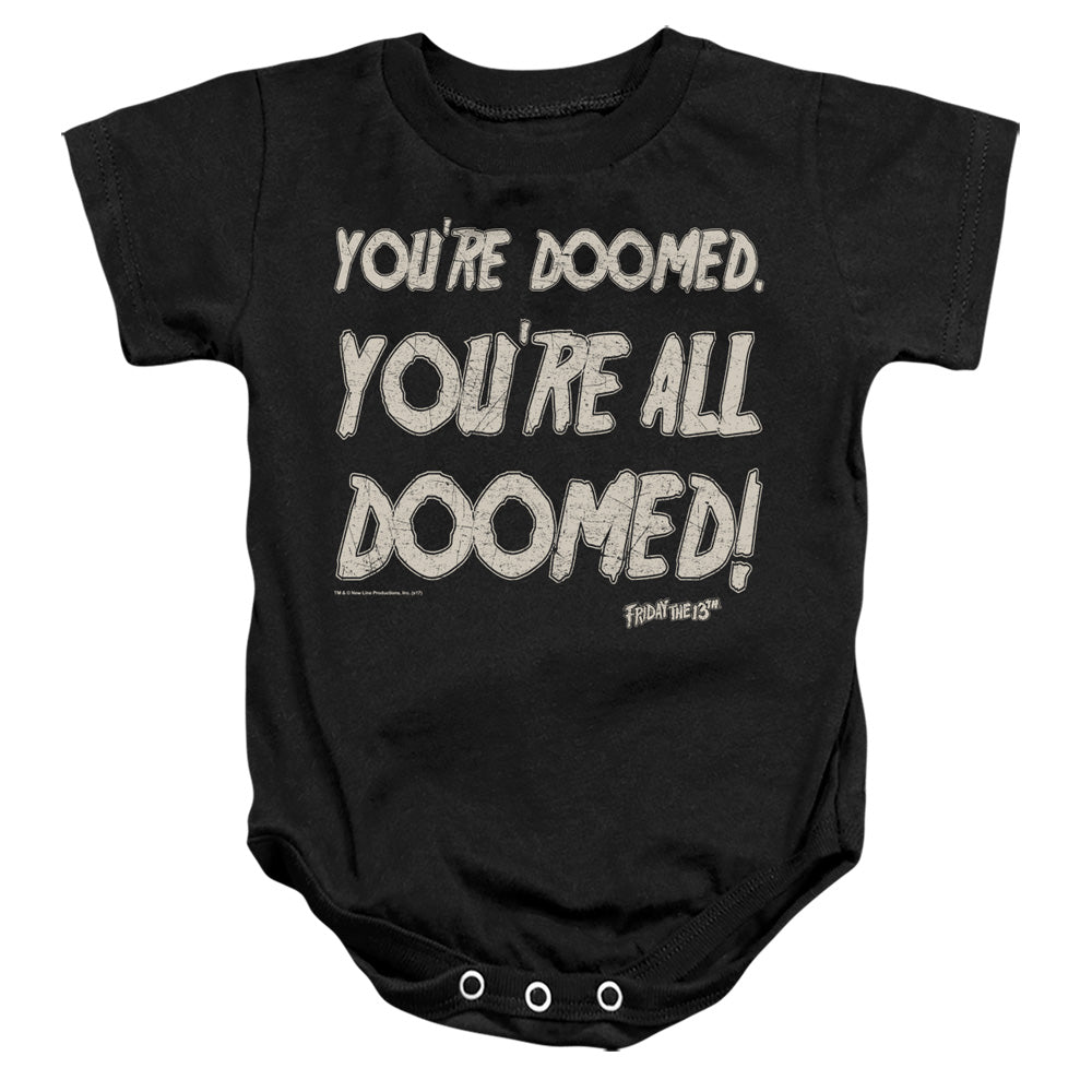 AN OFFCIALLY LICENSED FRIDAY THE 13TH DOOMED BABY BODYSUIT BLACK