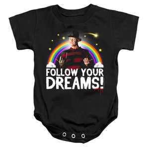 AN OFFCIALLY LICENSED FRIDAY THE 13TH FOLLOW YOUR DREAMS BABY BODYSUIT BLACK