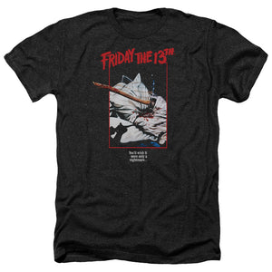 AN OFFCIALLY LICENSED FRIDAY THE 13TH AXE POSTER MEN'S HEATHER T-SHIRT CHARCOAL