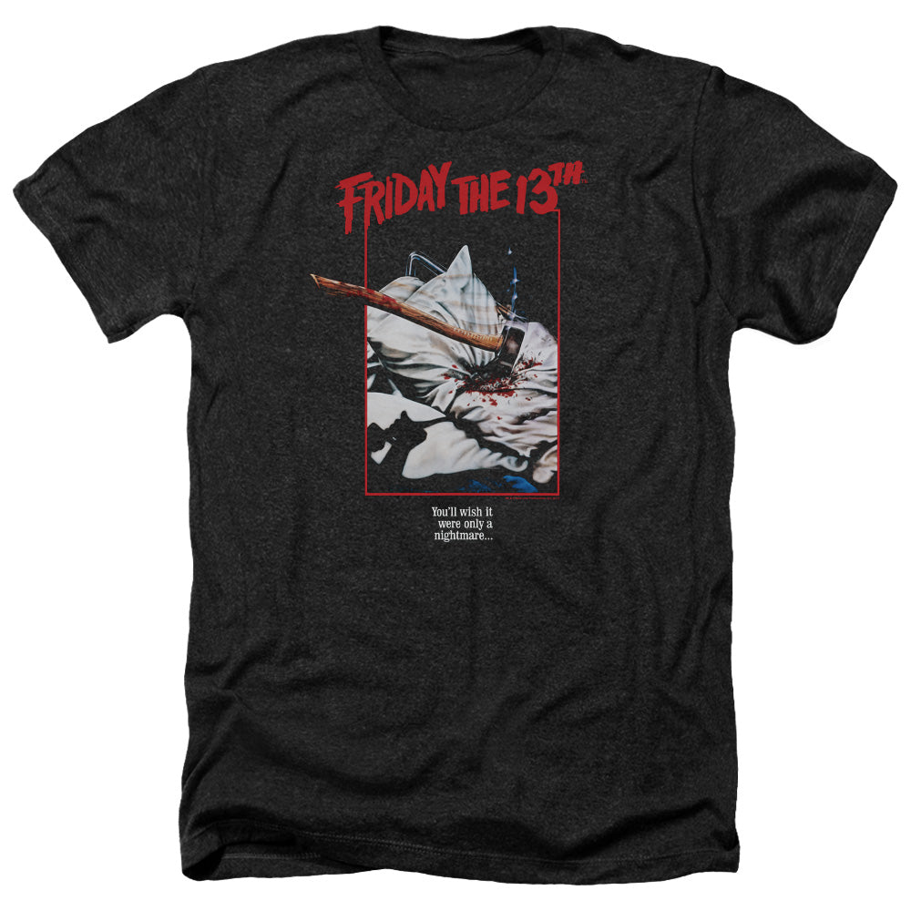 AN OFFCIALLY LICENSED FRIDAY THE 13TH AXE POSTER MEN'S HEATHER T-SHIRT CHARCOAL