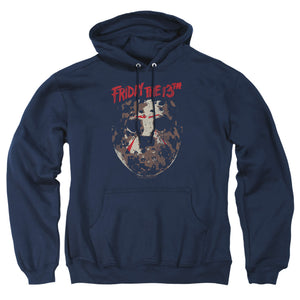 AN OFFCIALLY LICENSED FRIDAY THE 13TH ROUGH MASK ADULT UNISEX PULLOVER HOODIE NAVY