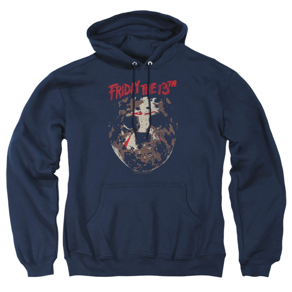 AN OFFCIALLY LICENSED FRIDAY THE 13TH ROUGH MASK ADULT UNISEX PULLOVER HOODIE NAVY