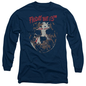 AN OFFCIALLY LICENSED FRIDAY THE 13TH ROUGH MASK MEN'S LONG SLEEVE T-SHIRT NAVY