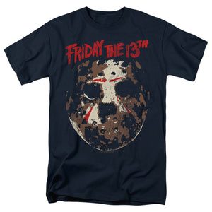 AN OFFCIALLY LICENSED FRIDAY THE 13TH ROUGH MASK MEN'S REGULAR FIT T-SHIRT NAVY