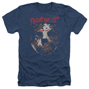 AN OFFCIALLY LICENSED FRIDAY THE 13TH ROUGH MASK MEN'S HEATHER T-SHIRT NAVY