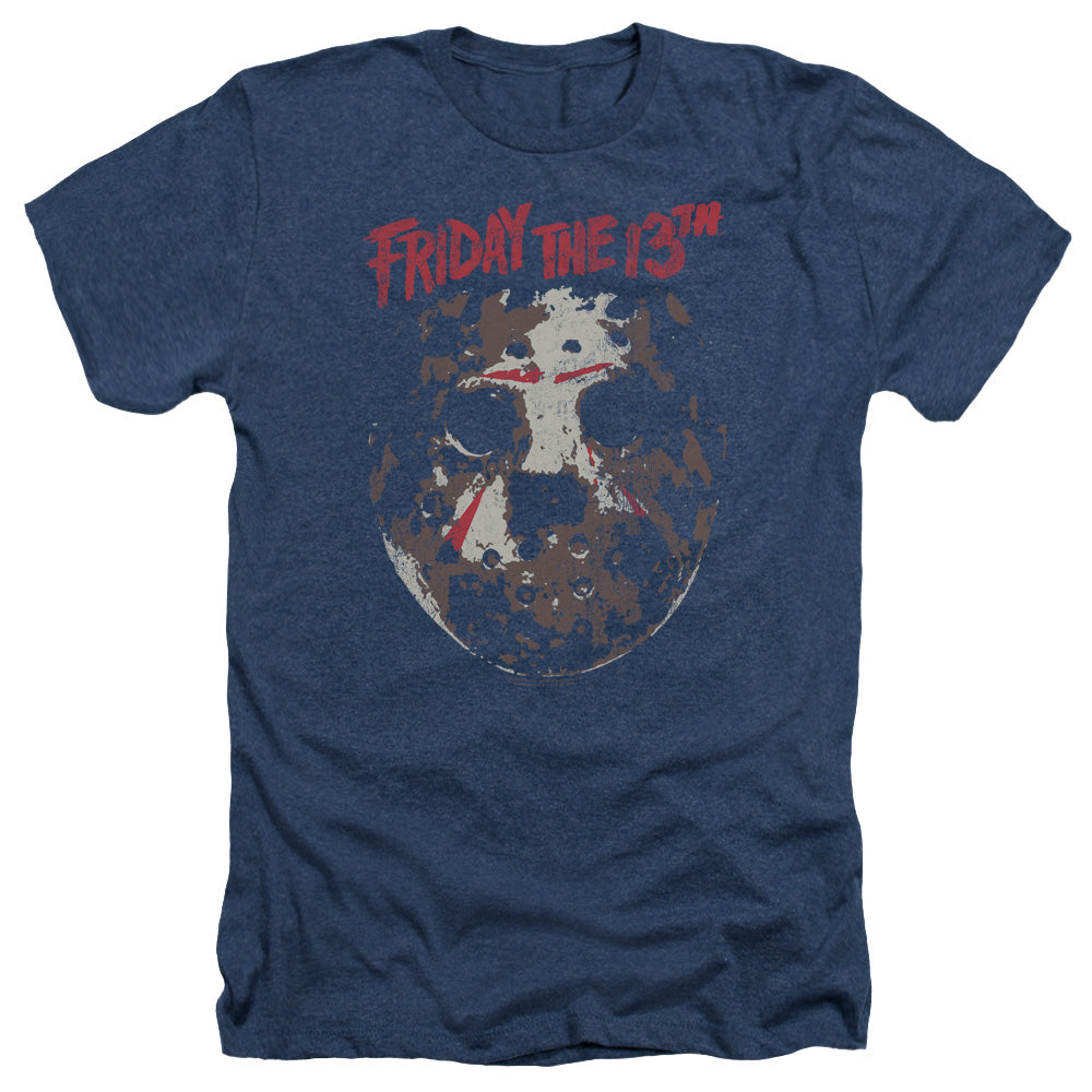AN OFFCIALLY LICENSED FRIDAY THE 13TH ROUGH MASK MEN'S HEATHER T-SHIRT NAVY