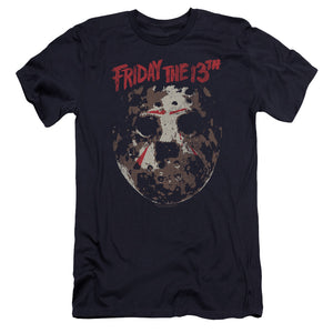 AN OFFCIALLY LICENSED FRIDAY THE 13TH ROUGH MASK MEN'S PREMIUM SLIM FIT T-SHIRT NAVY