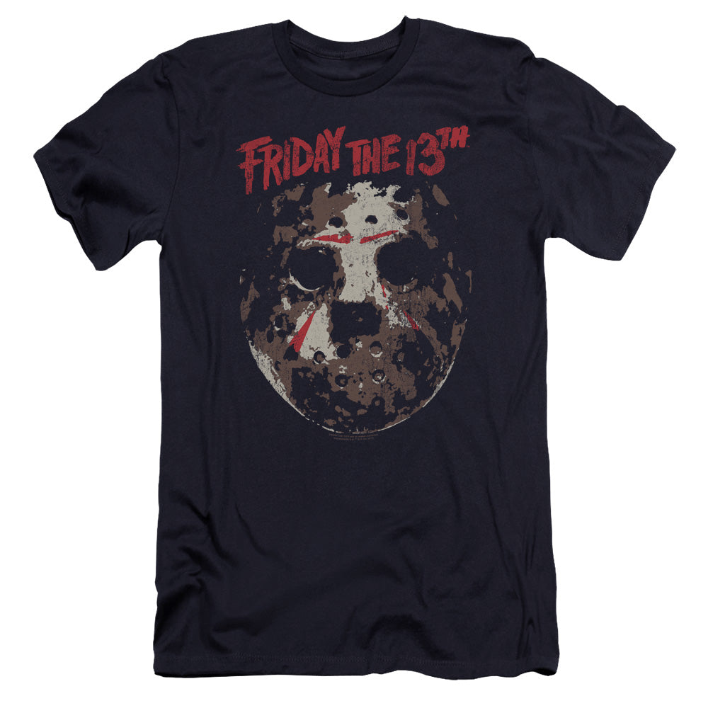 AN OFFCIALLY LICENSED FRIDAY THE 13TH ROUGH MASK MEN'S PREMIUM SLIM FIT T-SHIRT NAVY