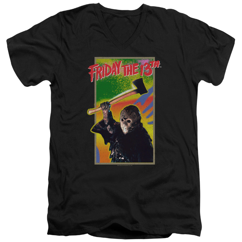 AN OFFCIALLY LICENSED FRIDAY THE 13TH RETRO GAME MEN'S V-NECK T-SHIRT BLACK