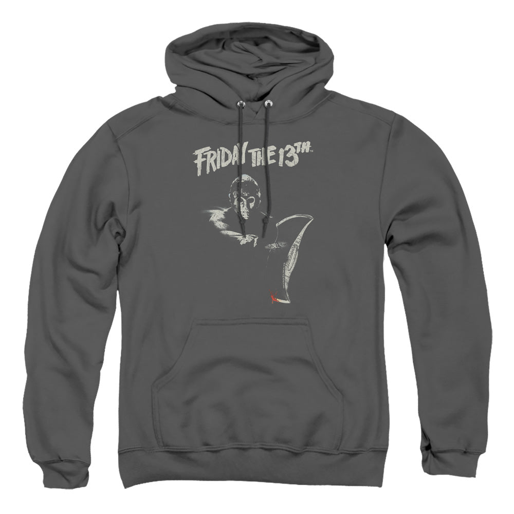 AN OFFCIALLY LICENSED FRIDAY THE 13TH AX ADULT UNISEX PULLOVER HOODIE CHARCOAL