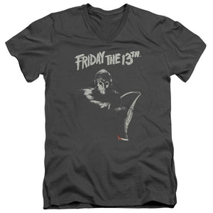 AN OFFCIALLY LICENSED FRIDAY THE 13TH AX MEN'S V-NECK T-SHIRT CHARCOAL