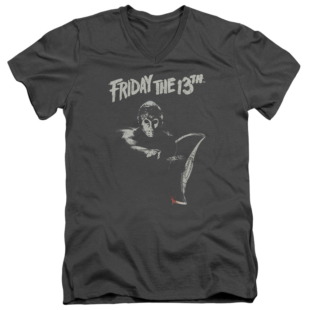 AN OFFCIALLY LICENSED FRIDAY THE 13TH AX MEN'S V-NECK T-SHIRT CHARCOAL