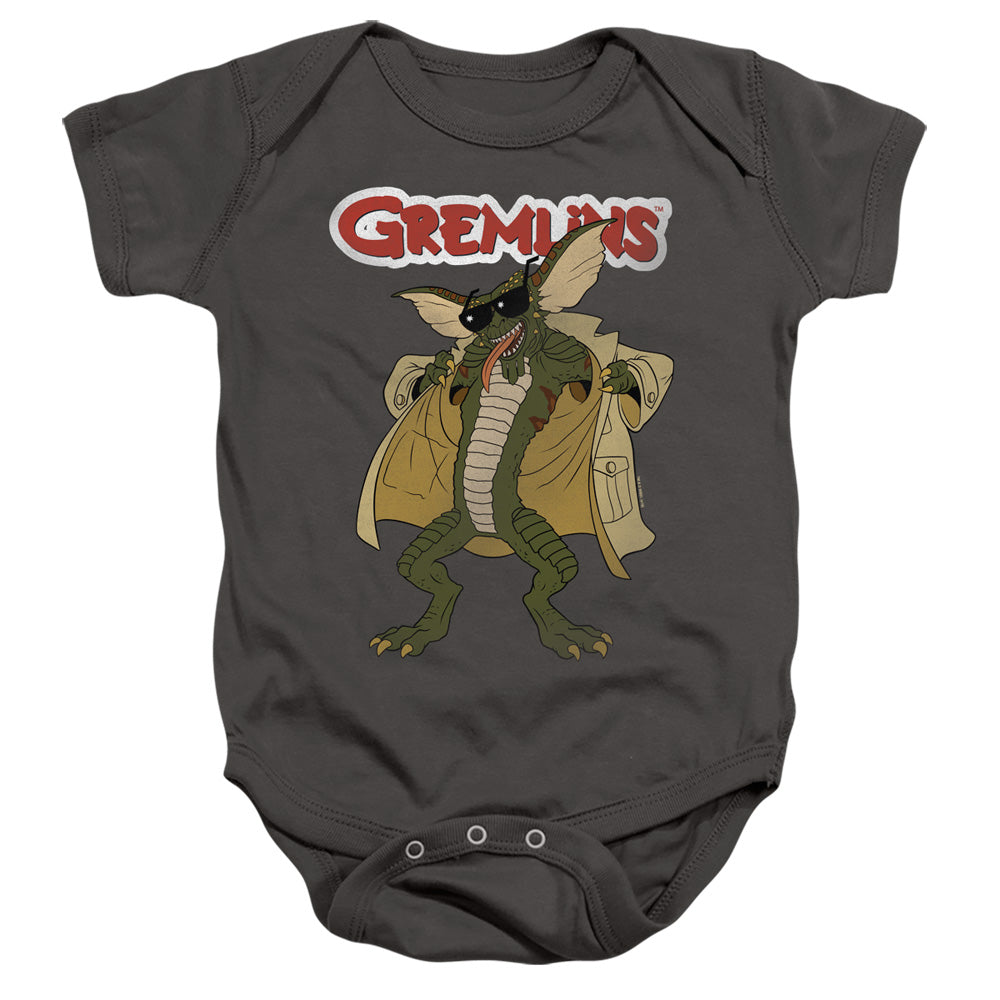AN OFFCIALLY LICENSED GREMLINS FLASHER BABY BODYSUIT CHARCOAL