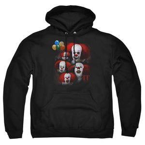 AN OFFCIALLY LICENSED IT 1990 MANY FACES OF PENNYWISE ADULT UNISEX PULLOVER HOODIE BLACK