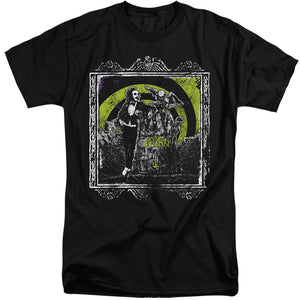 AN OFFCIALLY LICENSED BEETLEJUICE HERE LIES MEN'S TALL FIT T-SHIRT BLACK