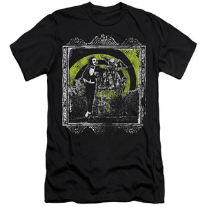 AN OFFCIALLY LICENSED BEETLEJUICE HERE LIES MEN'S PREMIUM SLIM FIT T-SHIRT BLACK