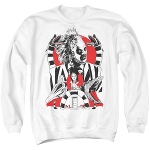 AN OFFCIALLY LICENSED BEETLEJUICE BEETLEJUICE COLLAGE ADULT UNISEX CREWNECK SWEATSHIRT WHITE
