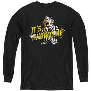 AN OFFCIALLY LICENSED BEETLEJUICE SHOWTIME YOUTH LONG SLEEVE T-SHIRT BLACK