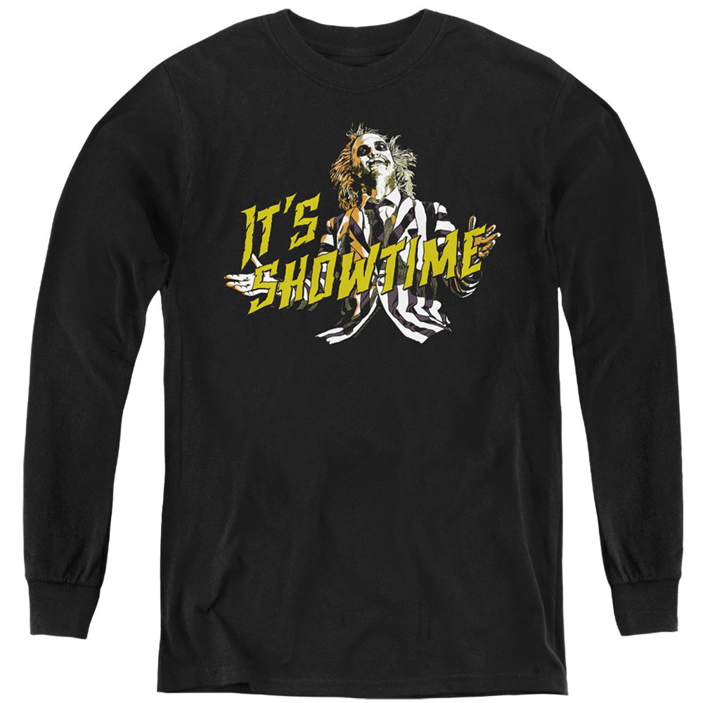 AN OFFCIALLY LICENSED BEETLEJUICE SHOWTIME YOUTH LONG SLEEVE T-SHIRT BLACK