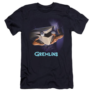 AN OFFCIALLY LICENSED GREMLINS ORIGINAL POSTER MEN'S PREMIUM SLIM FIT T-SHIRT NAVY
