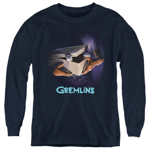 AN OFFCIALLY LICENSED GREMLINS ORIGINAL POSTER YOUTH LONG SLEEVE T-SHIRT NAVY