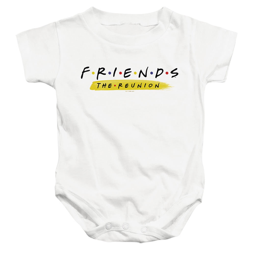 AN OFFCIALLY LICENSED FRIENDS REUNION LOGO BABY BODYSUIT WHITE