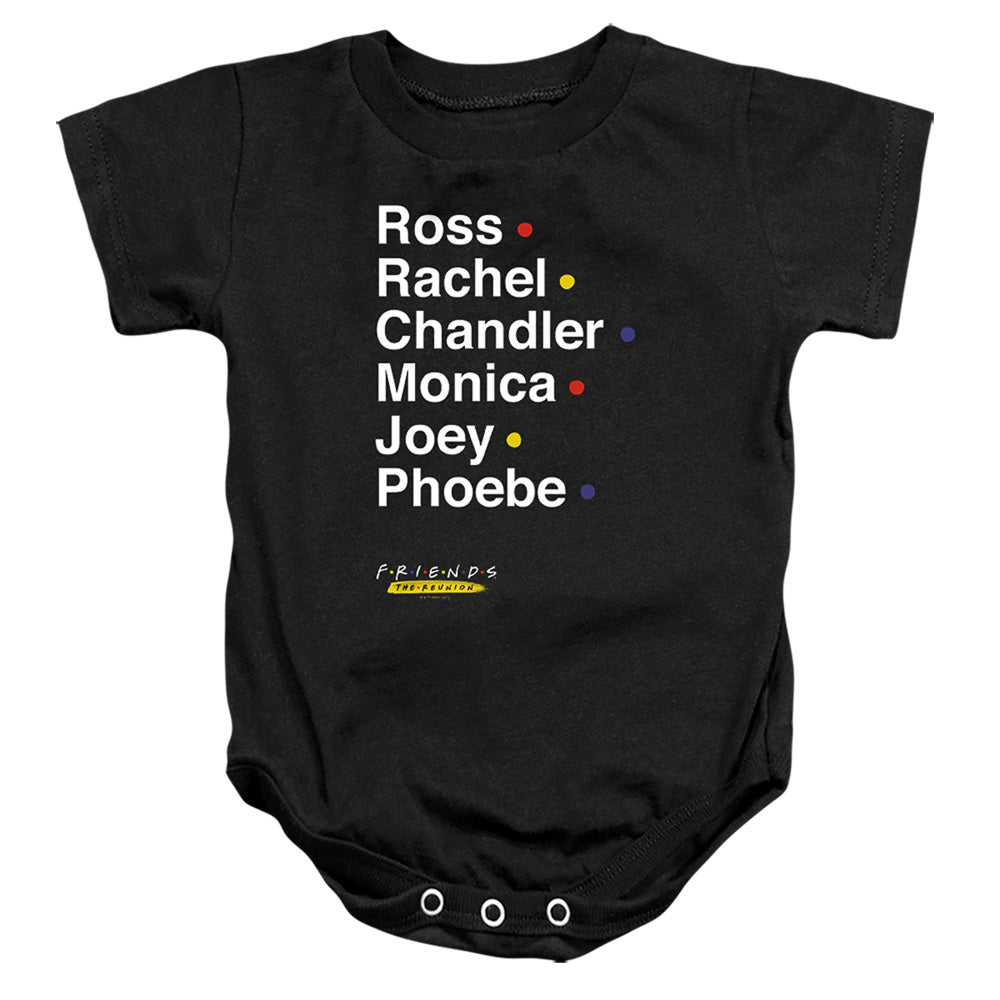 AN OFFCIALLY LICENSED FRIENDS REUNION NAMES BABY BODYSUIT BLACK