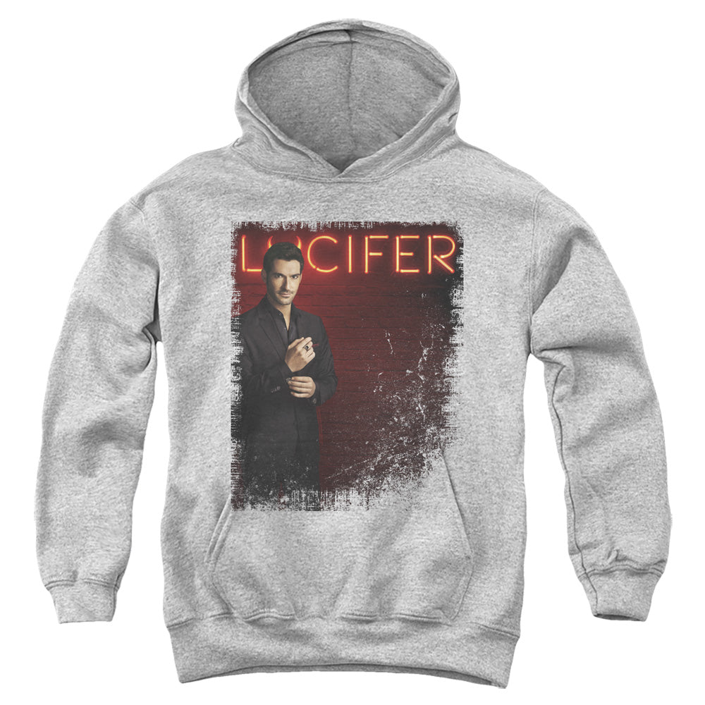 AN OFFCIALLY LICENSED LUCIFER LUCIFER NEON LIGHTS YOUTH HOODIE ATHLETIC HEATHER
