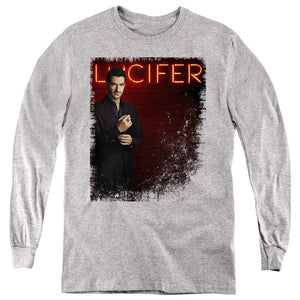 AN OFFCIALLY LICENSED LUCIFER LUCIFER NEON LIGHTS YOUTH LONG SLEEVE T-SHIRT ATHLETIC HEATHER