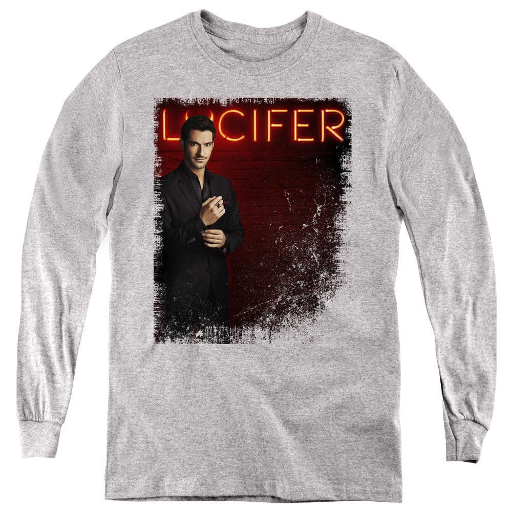 AN OFFCIALLY LICENSED LUCIFER LUCIFER NEON LIGHTS YOUTH LONG SLEEVE T-SHIRT ATHLETIC HEATHER