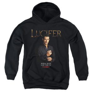 AN OFFCIALLY LICENSED LUCIFER LUCIFER WHAT DO YOU DESIRE? YOUTH HOODIE BLACK