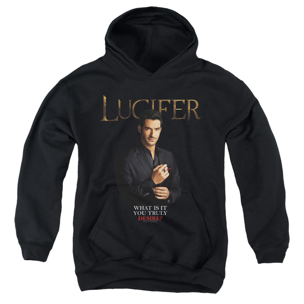 AN OFFCIALLY LICENSED LUCIFER LUCIFER WHAT DO YOU DESIRE? YOUTH HOODIE BLACK