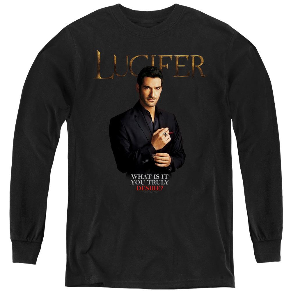 AN OFFCIALLY LICENSED LUCIFER LUCIFER WHAT DO YOU DESIRE? YOUTH LONG SLEEVE T-SHIRT BLACK