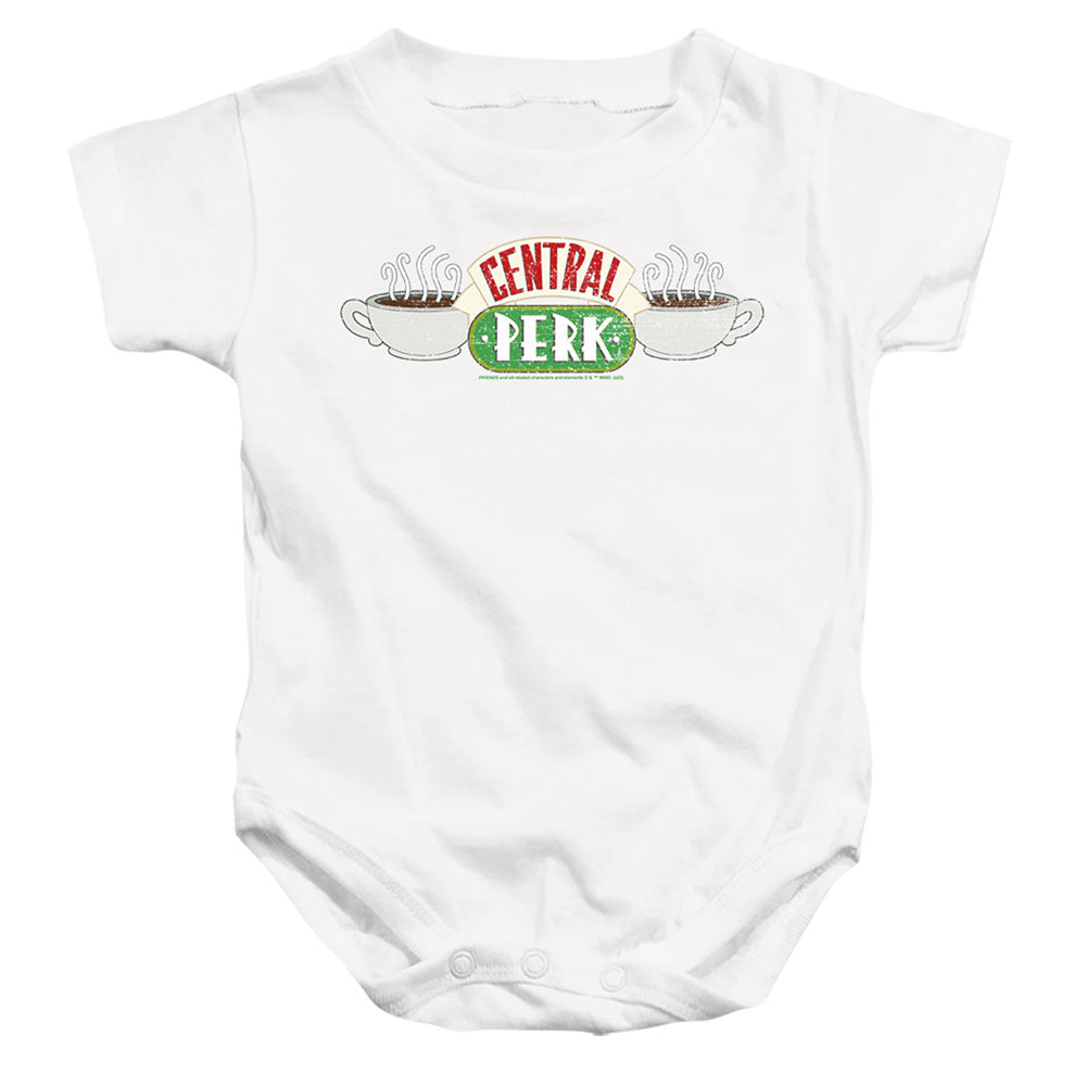 AN OFFCIALLY LICENSED FRIENDS CENTRAL PERK 3 BABY BODYSUIT WHITE