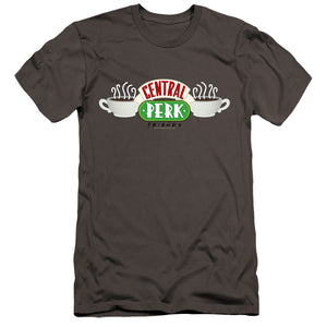 AN OFFCIALLY LICENSED FRIENDS CENTRAL PERK LOGO MEN'S PREMIUM SLIM FIT T-SHIRT CHARCOAL