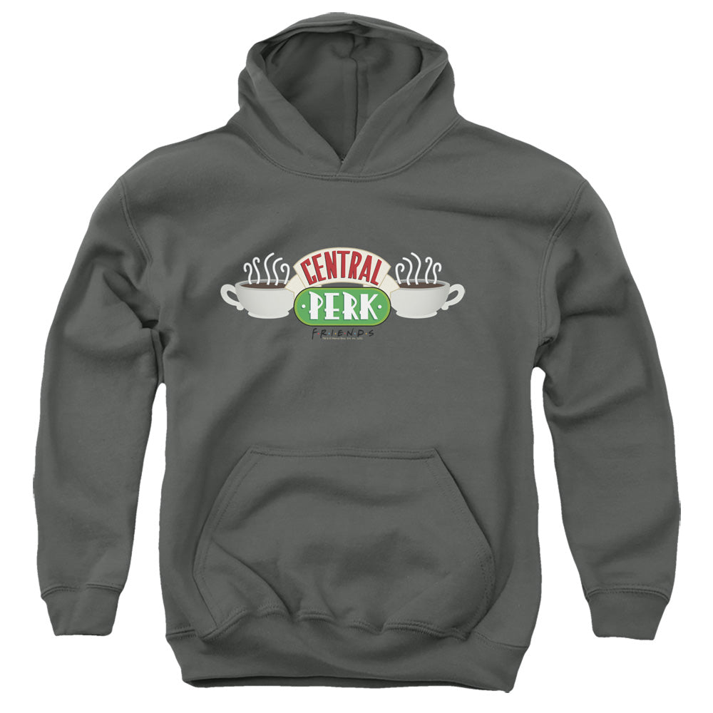 AN OFFCIALLY LICENSED FRIENDS CENTRAL PERK LOGO YOUTH HOODIE CHARCOAL