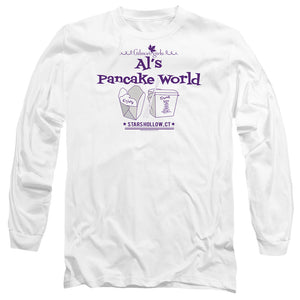 AN OFFCIALLY LICENSED GILMORE GIRLS ALS PANCAKE WORLD MEN'S LONG SLEEVE T-SHIRT WHITE