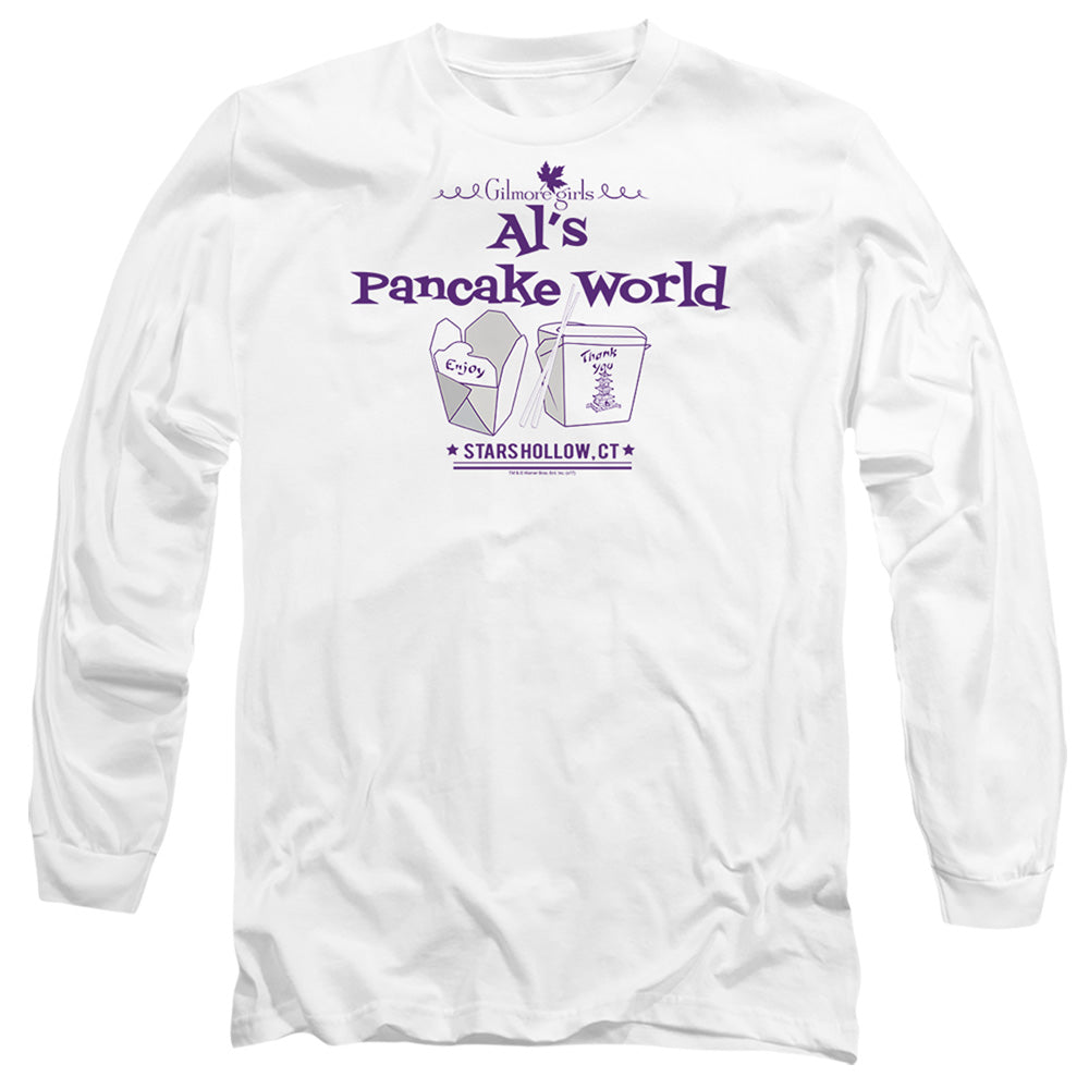 AN OFFCIALLY LICENSED GILMORE GIRLS ALS PANCAKE WORLD MEN'S LONG SLEEVE T-SHIRT WHITE