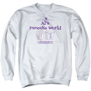 AN OFFCIALLY LICENSED GILMORE GIRLS ALS PANCAKE WORLD ADULT UNISEX CREWNECK SWEATSHIRT WHITE