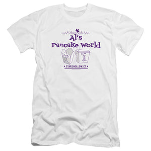 AN OFFCIALLY LICENSED GILMORE GIRLS ALS PANCAKE WORLD MEN'S PREMIUM SLIM FIT T-SHIRT WHITE