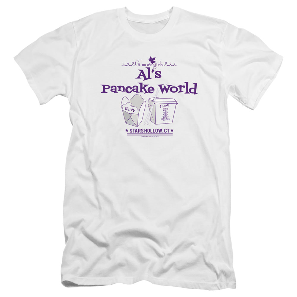 AN OFFCIALLY LICENSED GILMORE GIRLS ALS PANCAKE WORLD MEN'S PREMIUM SLIM FIT T-SHIRT WHITE